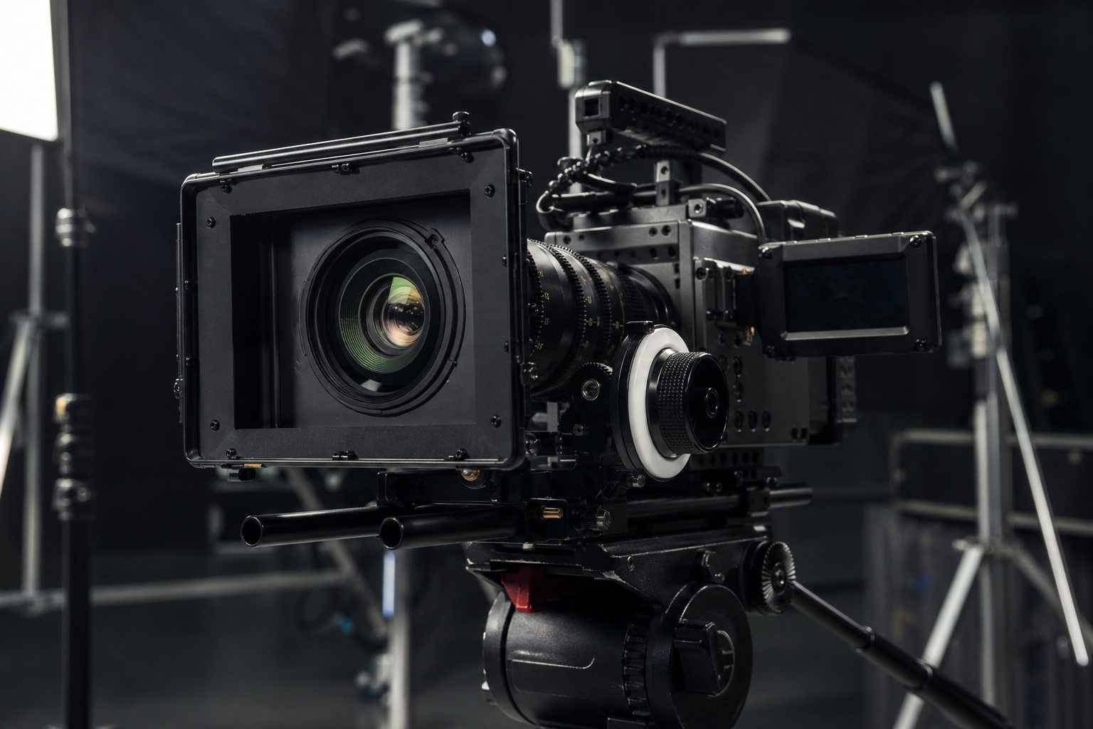 Cinema camera and studio lighting rig close-up