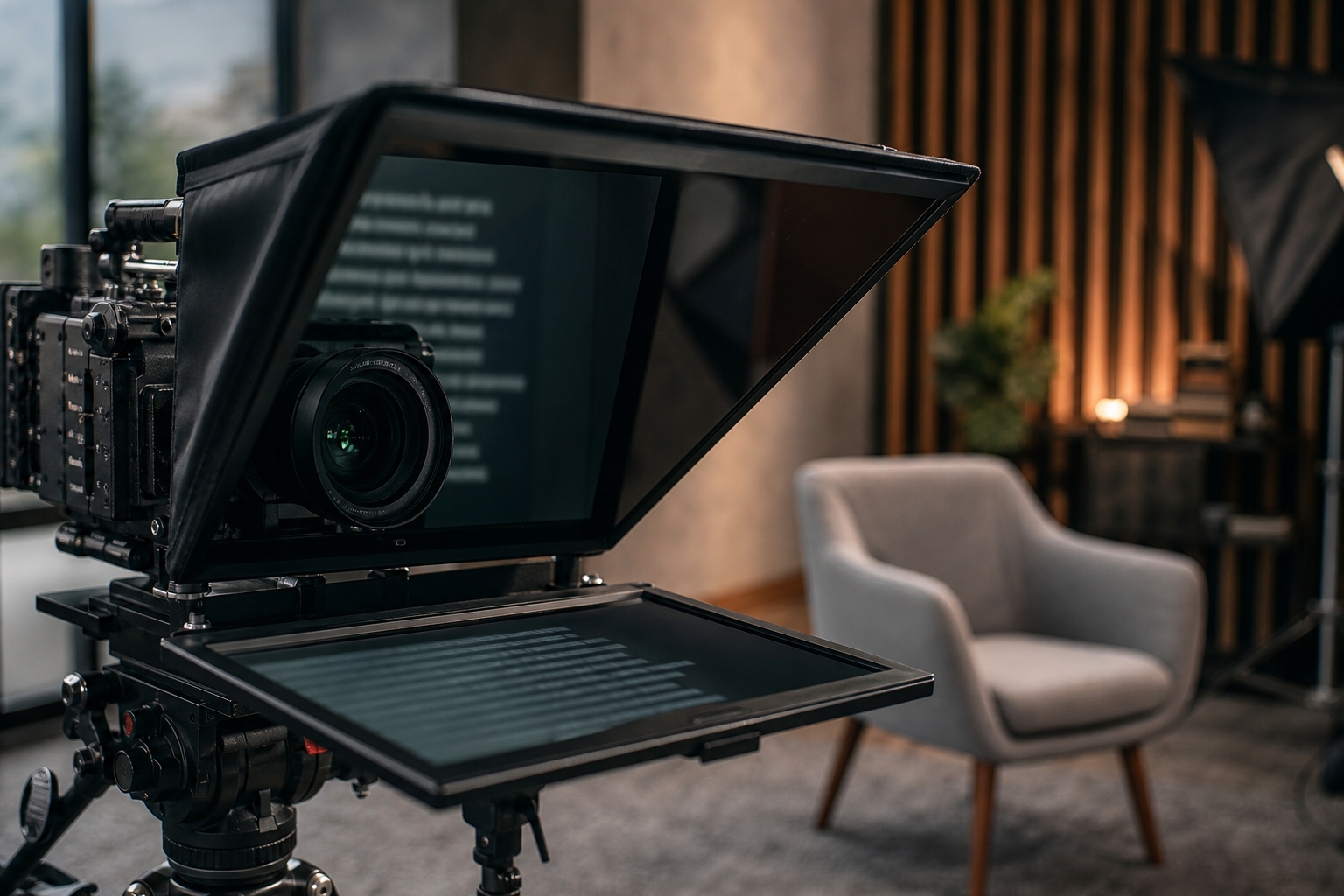 Teleprompter setup for an on-camera interview