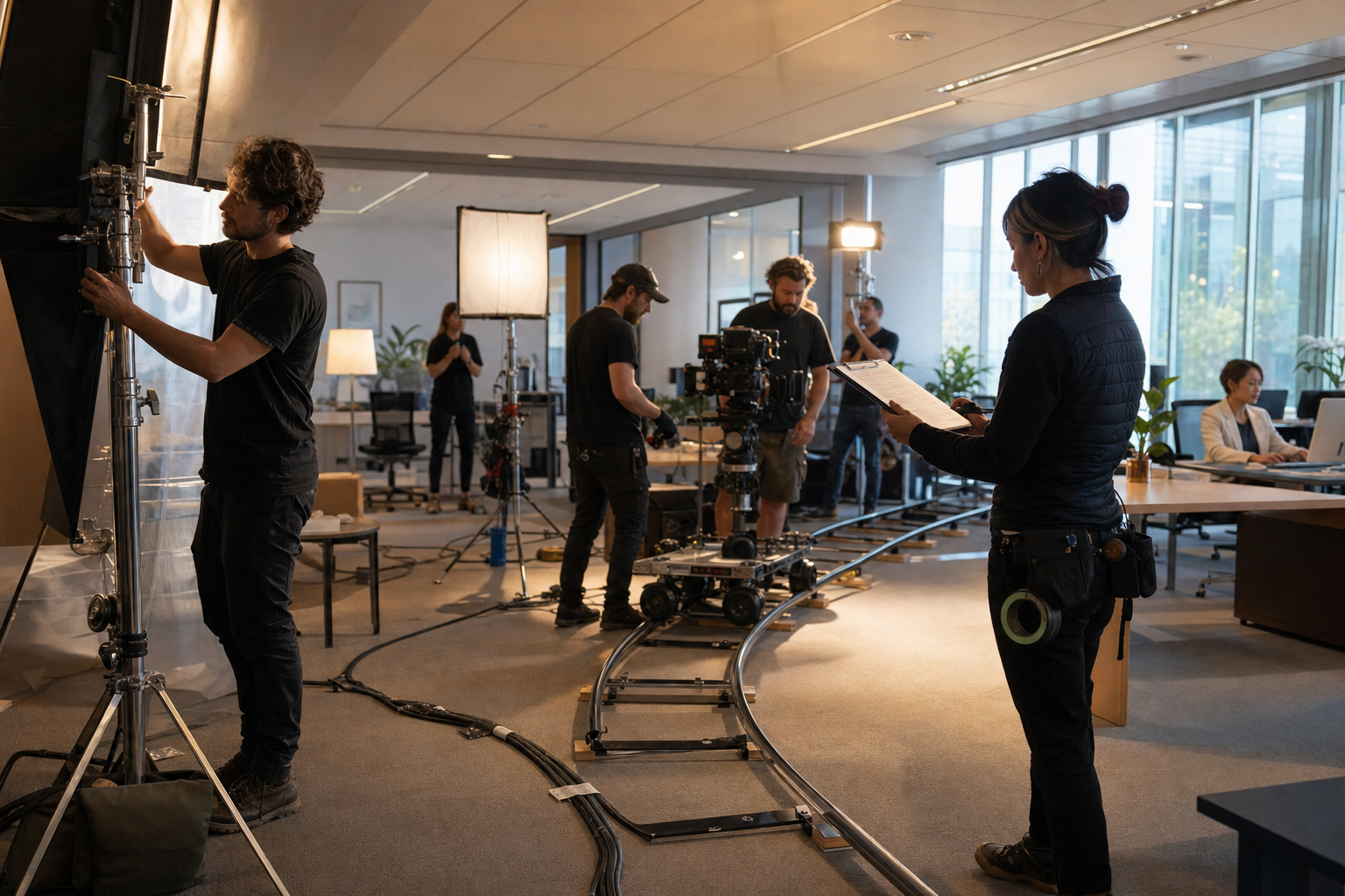 Behind-the-scenes crew setting up a corporate video shoot