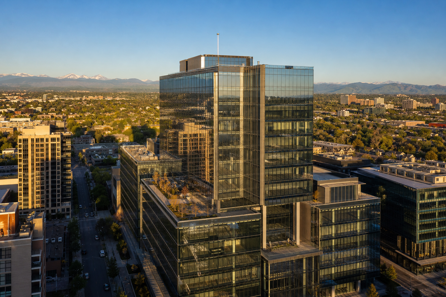 Drone shot of a modern Denver office building exterior
